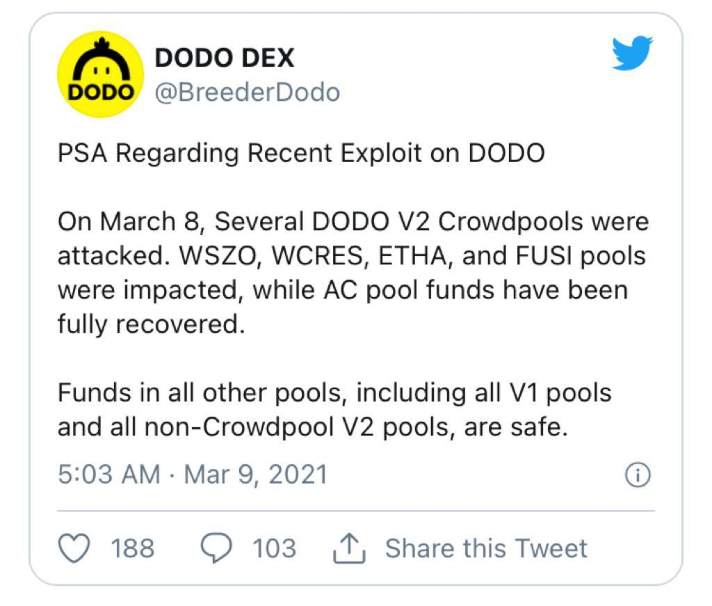 اطلاعیه منتشرشده در توییتر در مورد سوءاستفاده اخیر از صرافی غیر متمرکز DODO